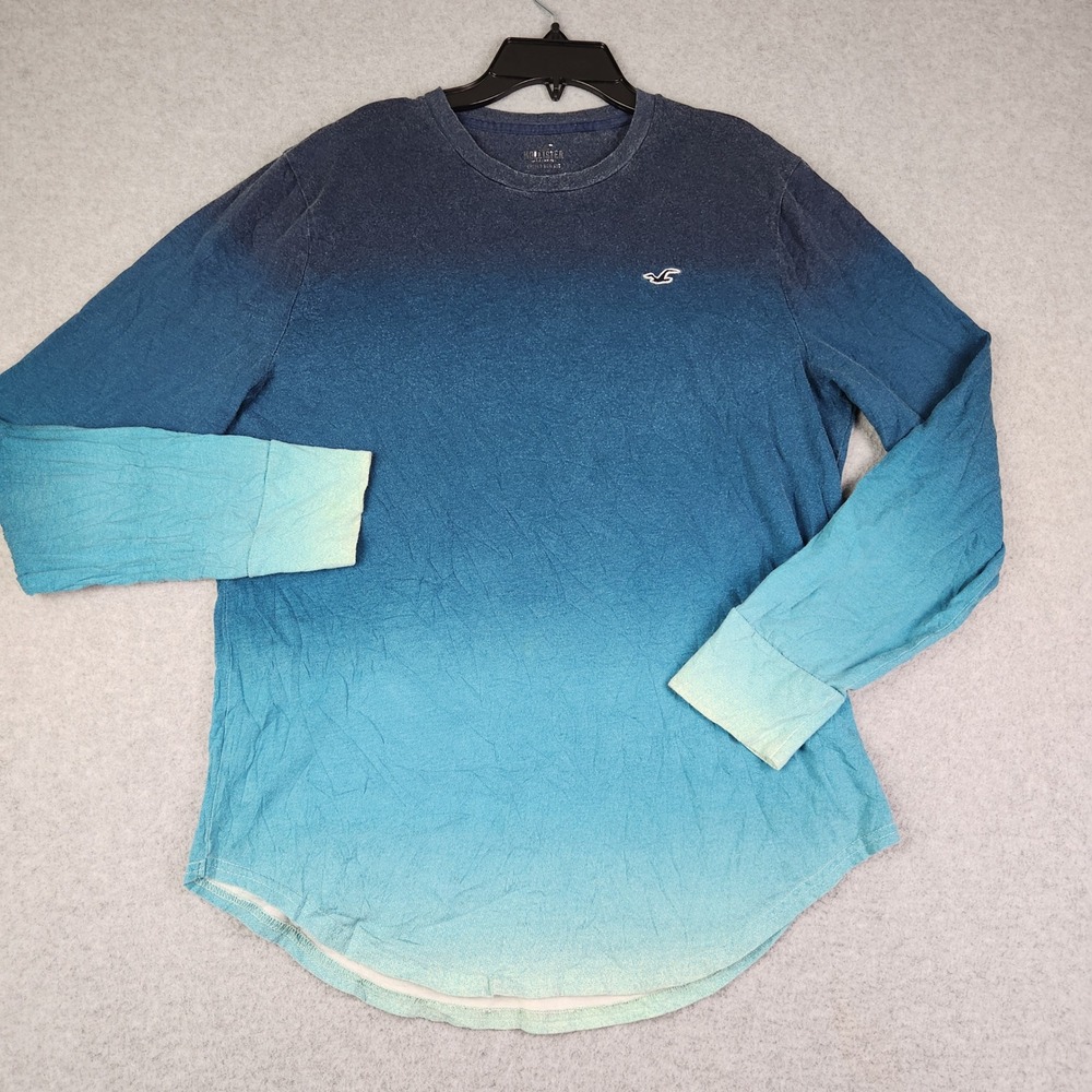 Hollister Long Sleeve Mens M Blue Ombre Curved‎ Hem Tee Crew Neck Logo Gradient